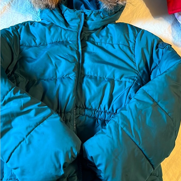 GAP Girls sz S Teal Winter long Jacket with fur-trimmed hood - Picture 2 of 6